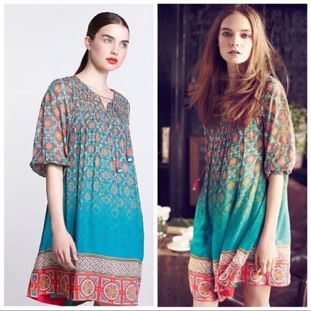 Anthropologie Tanvi Kedia Glimmering Ankita Dress Boho Teal Beaded S